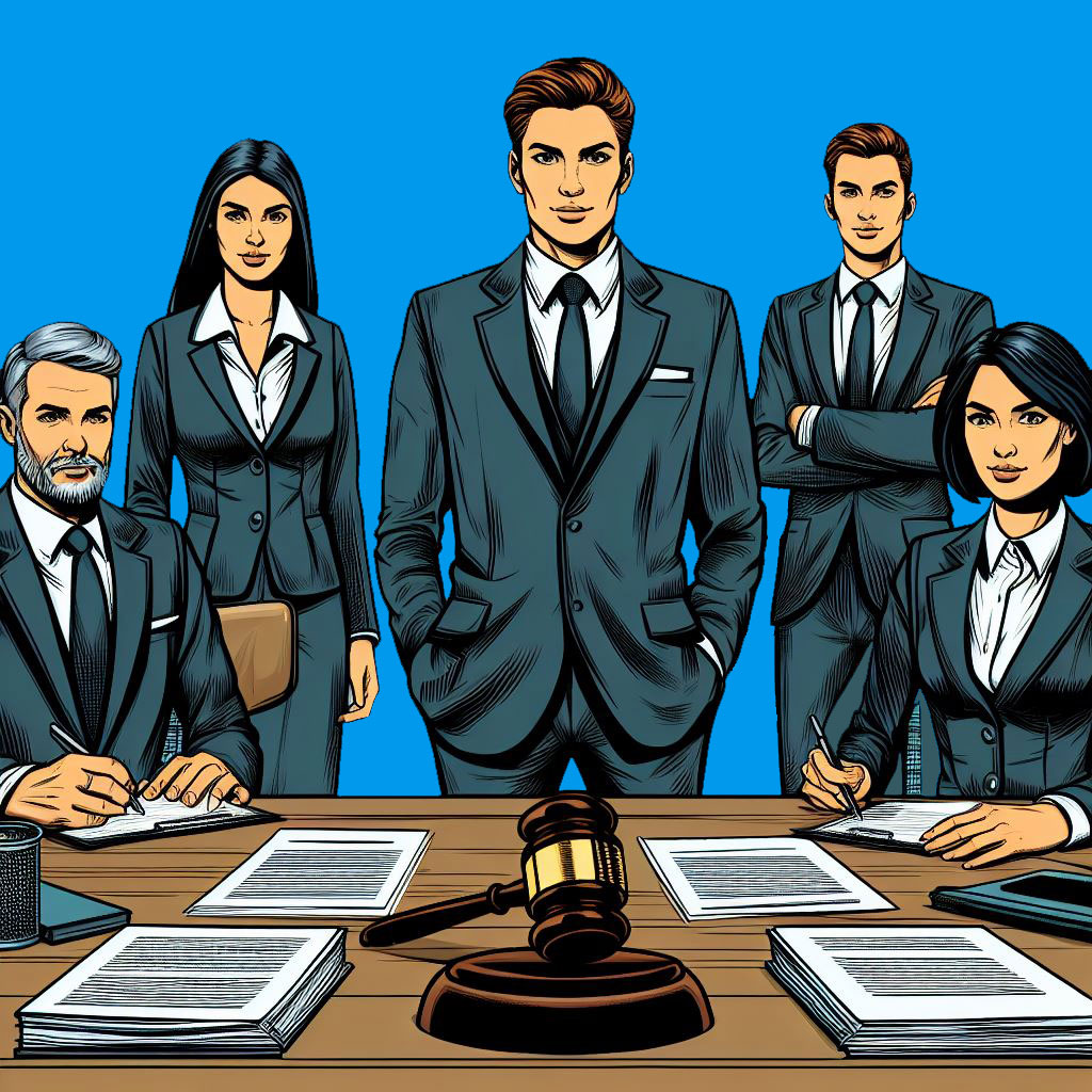 abogado-parado-al-centro-de-una-mesa-con-un-gavel-y-varios-documentos-a-los-lados-hay-dos-hombres-vestidos-de-manera-formal-con-sacos-y-corbatas-tambien-hay-dos-mujeres-una-sentada-y-una-de-pie-vistiendo-de-manera-ejecutiva