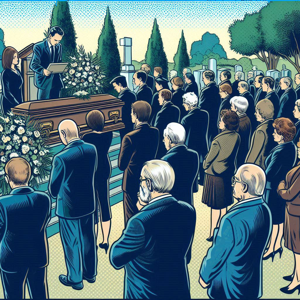 Gente reunida en un velorio, se encuentran en un cementerio, 
 al fondo se observa un ataúd y árboles, junto al ataúd se encuentra una persona que parece un sacerdote 
 – Juicios testamentarios