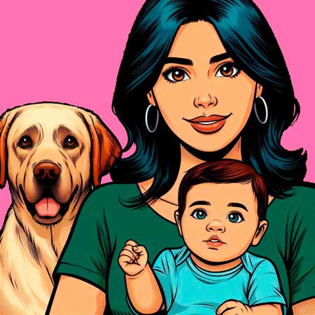 madre-sonriendo-con-hijo-en-brazos-a-un-lado-esta-su-mascota-un-perro-labrador-la-mama-porta-aretes-y-una-blusa-verde