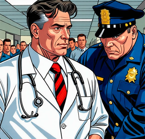 doctor-en-bata-blanca-y-con-estetoscopio-siendo-apresado-por-un-policia-por-negligencia-medica