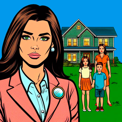 mujer-agente-de-ventas-de-bienes-raices-vestida-con-traje-color-rosa-al-fondo-una-se&ntilde;ora-con-dos-hijos-y-una-casa