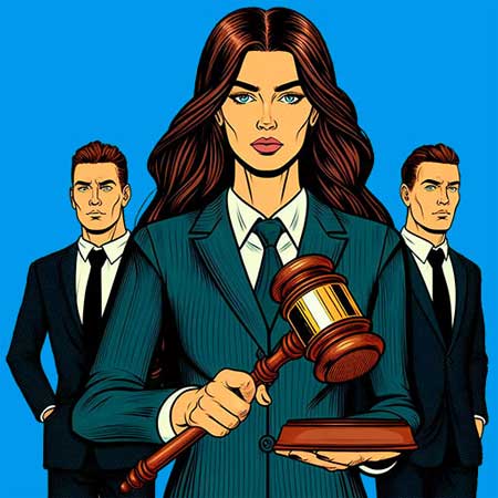 mujer-juez-con-gavel-en-mano-al-fondo-se-encuentran-dos-hombres-con-aspecto-de-abogados-todos-estan-vestidos-de-negro-de-manera-formal