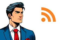 busto de hombre con camisa azul y corbata roja volteando hacia la izquierda donde esta un simbolo de RSS (para contenido sindicado)